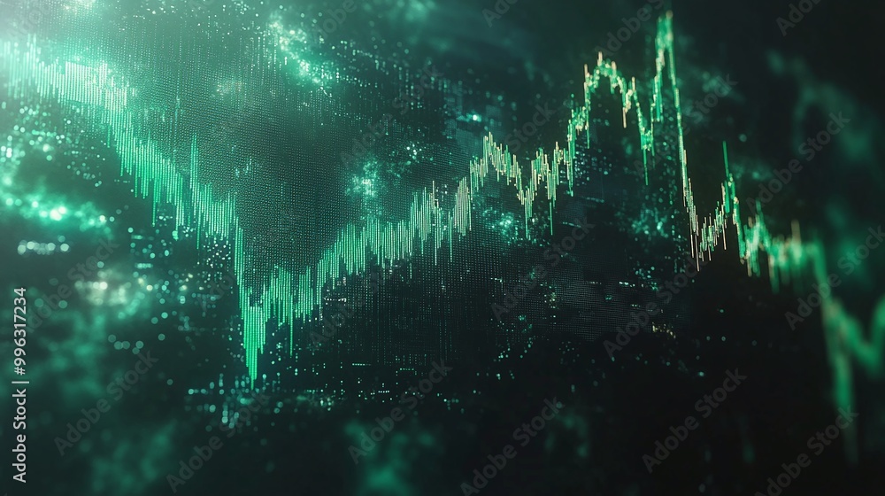 Poster abstract data visualization with dynamic charts illustrating fluctuating metrics on a dark backgroun