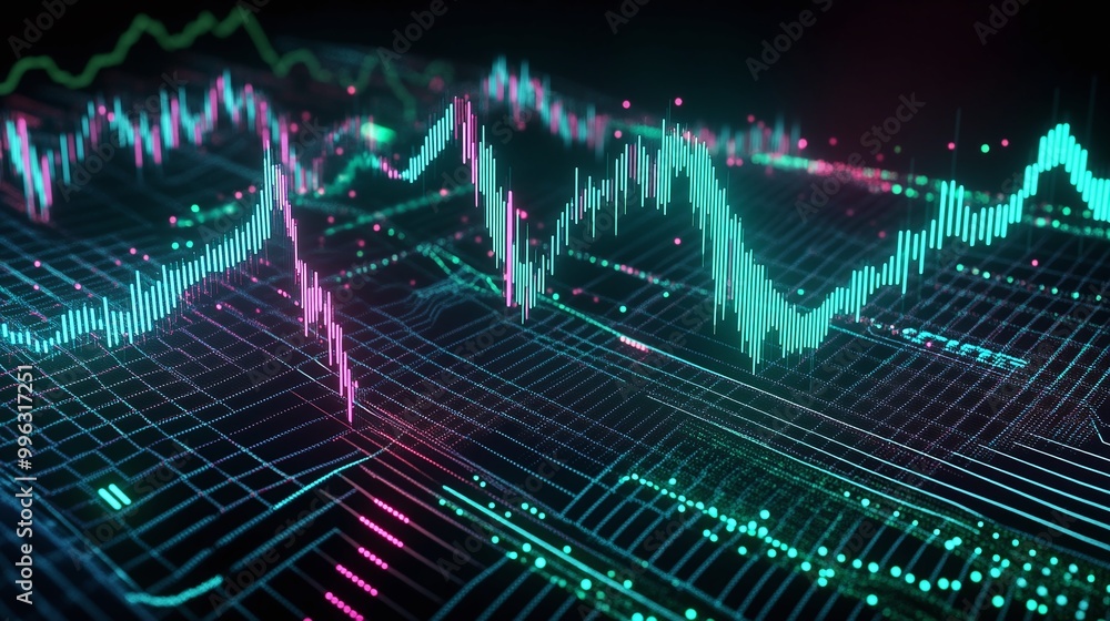 Poster abstract data visualization with dynamic graphs and charts in green and pink against a dark backgrou