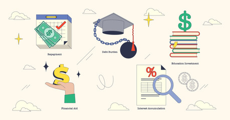 Illustration of student loans with key elements like a graduation cap, money, and documents in neubrutalism style collection.