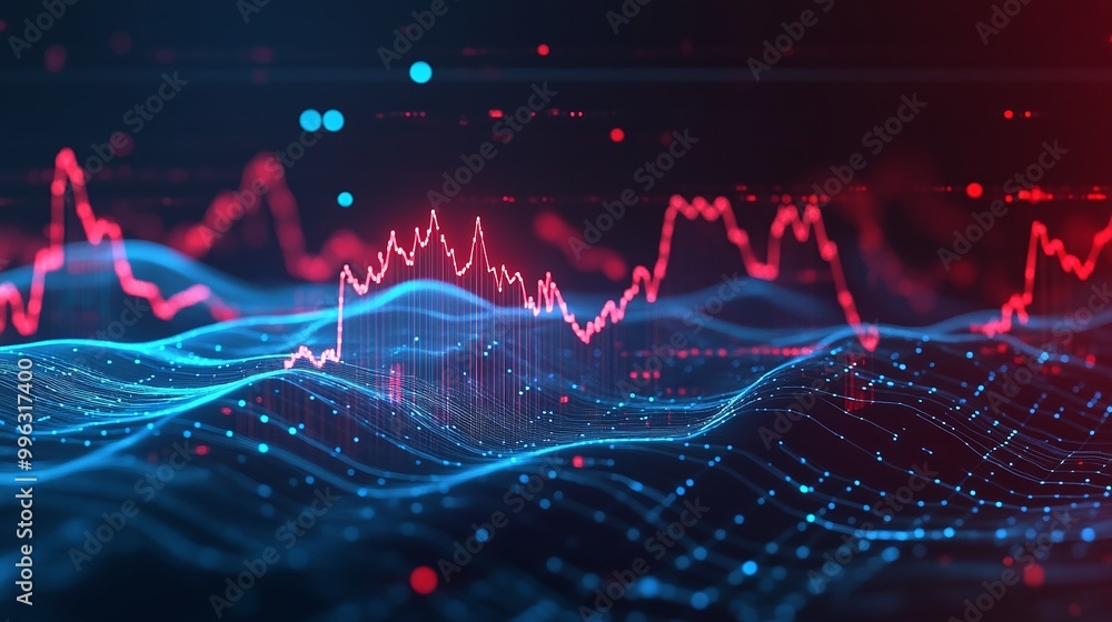 Poster abstract data visualization with dynamic graphs and wave patterns in red and blue tones on a dark ba