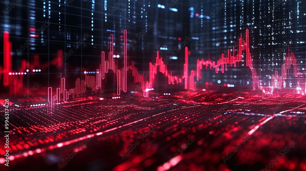 Poster abstract data visualization with dynamic red and blue graphs representing financial analytics and di
