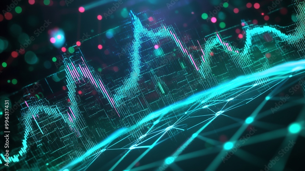 Poster abstract data visualization with dynamic lines and glowing particles over a digital landscape.