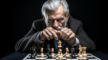 An elderly man with a serious expression contemplating his next chess move, sitting at a chessboard with black and white pieces, showcasing strategy and concentration.