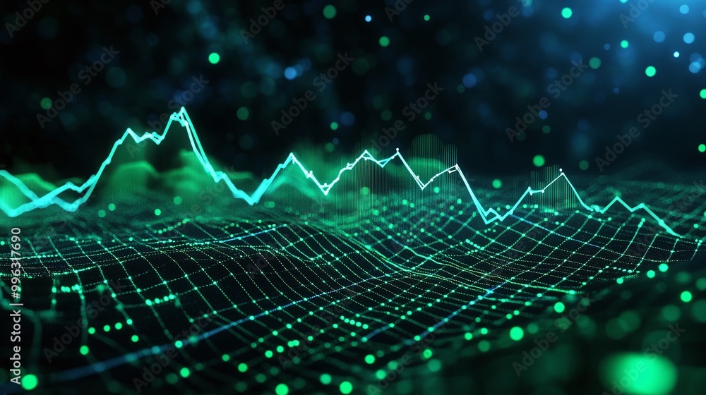 Poster abstract data visualization with flowing green lines and dots against a dark background, conveying a