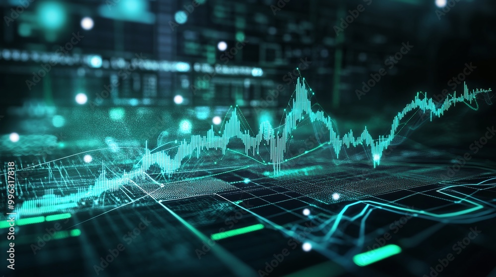 Poster abstract data visualization with glowing graphs and charts in a digital interface.
