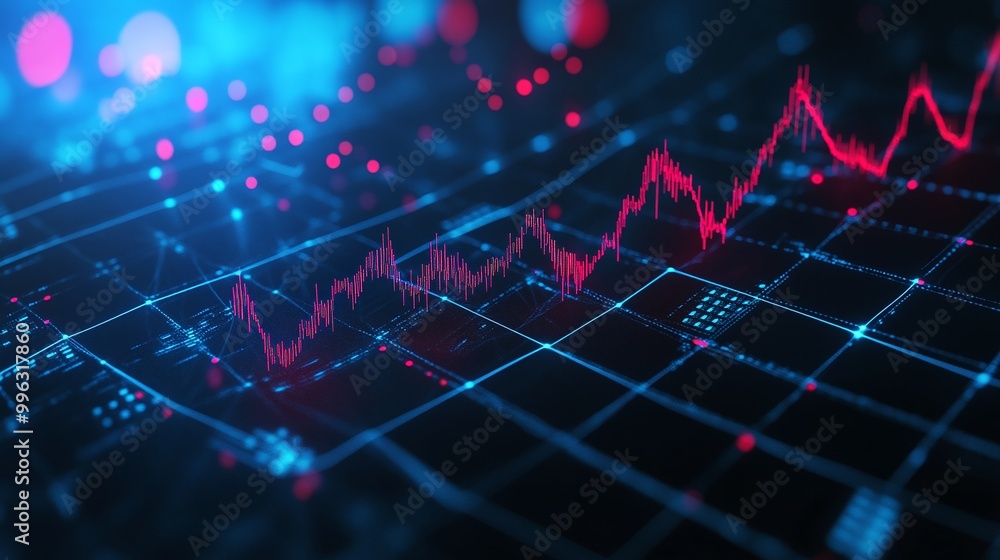 Poster abstract data visualization with glowing graphs and digital elements in blue and red colors, represe
