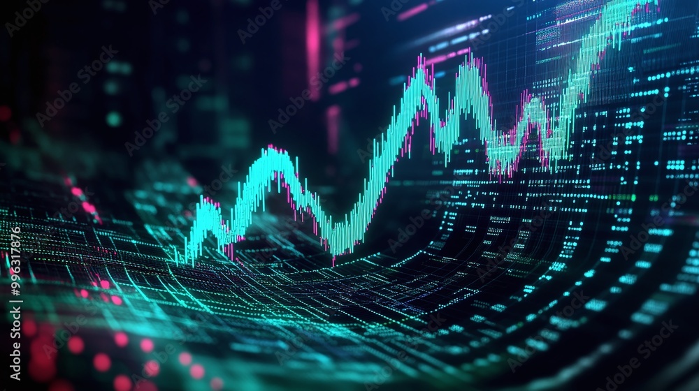 Poster abstract data visualization with glowing graphs and digital elements, showcasing growth trends in a 