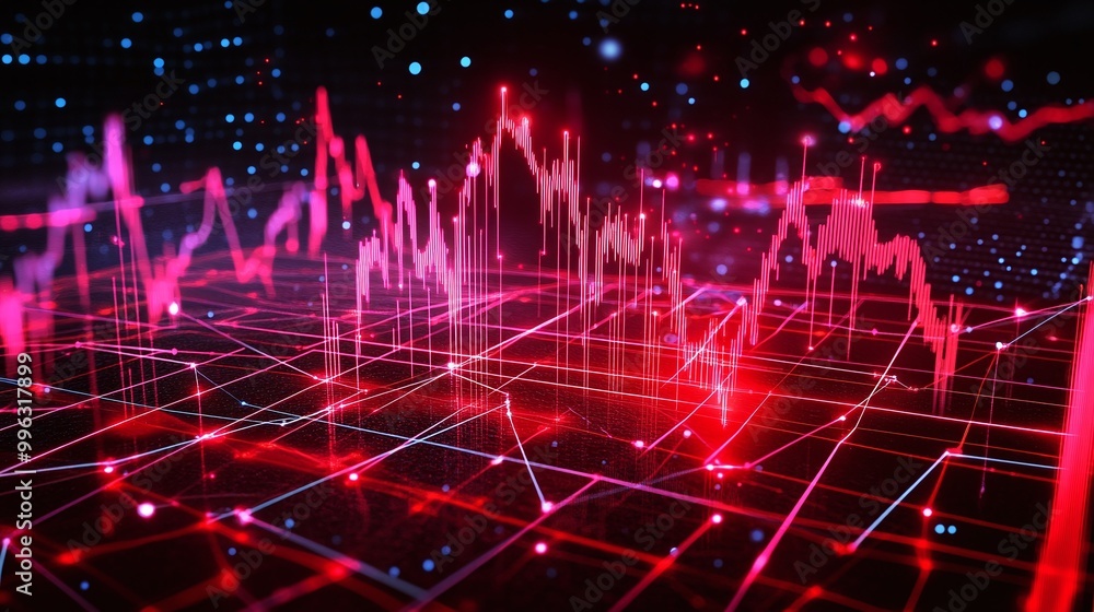 Poster abstract data visualization with glowing graphs and digital elements on a dark background.