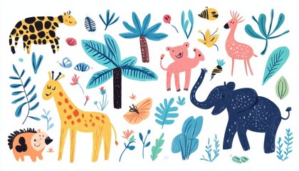 Colorful crayon-drawn animals and plants, nature-inspired, flat design illustration