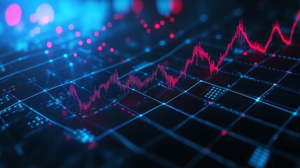 Fototapeta premium Abstract data visualization with glowing graphs and digital elements in blue and red colors, representing financial trends.