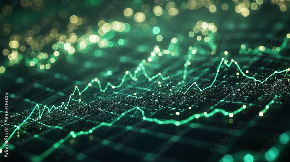 Poster abstract data visualization with glowing graphs and lights representing trends and analysis.
