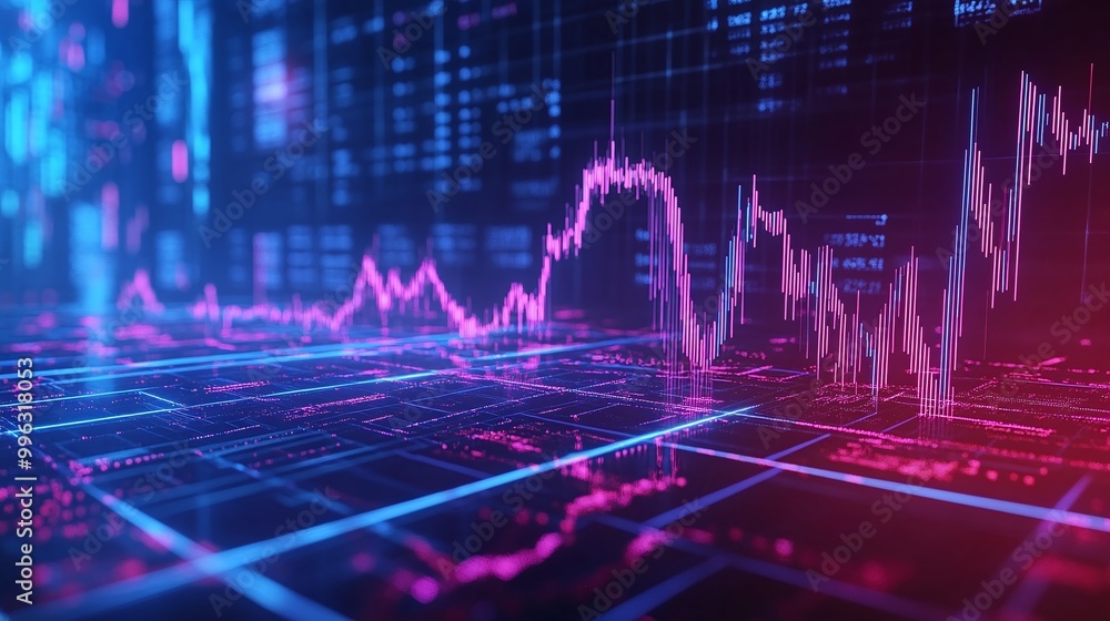 Poster abstract data visualization with glowing graphs, charts, and digital information in vibrant colors a
