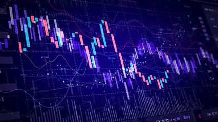 Obraz premium Investment stock market blue Trading platform screen HUD. Stock chart, candles, index data pattern.