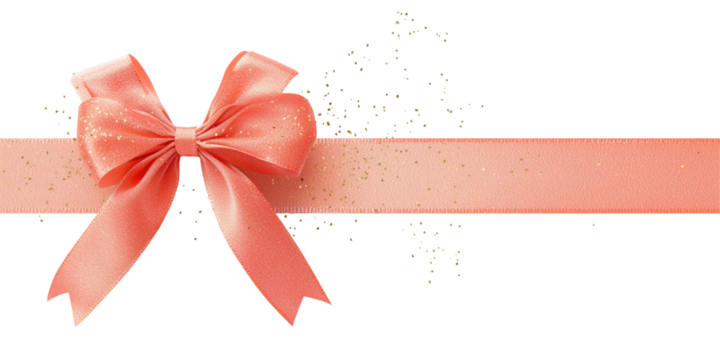 Colorful realistic realistic textile pink textile bow and ribbon, with gold sequins isolated and cut on transparent background. Holiday gift bow, for decoration, birthday, Christmas, gift promotion