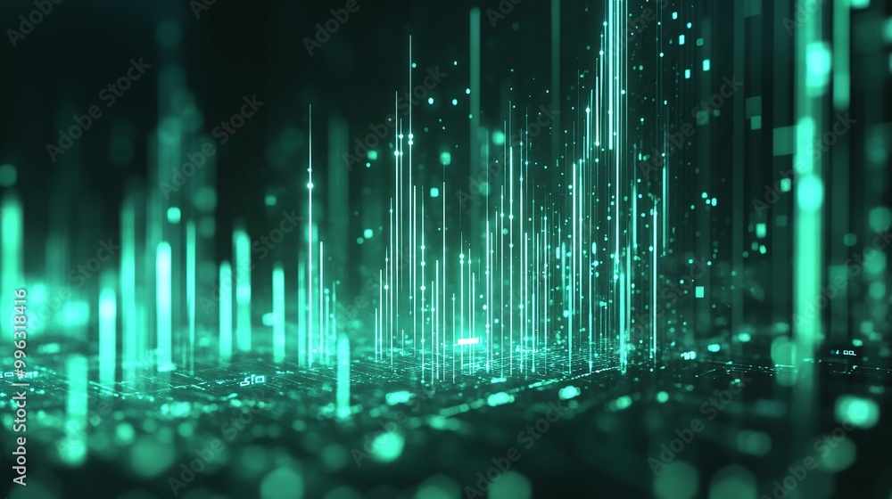 Poster abstract data visualization with glowing green lines and particles, representing digital technology 