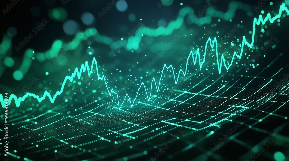 Poster abstract data visualization with glowing green lines and graphs, depicting financial growth and anal