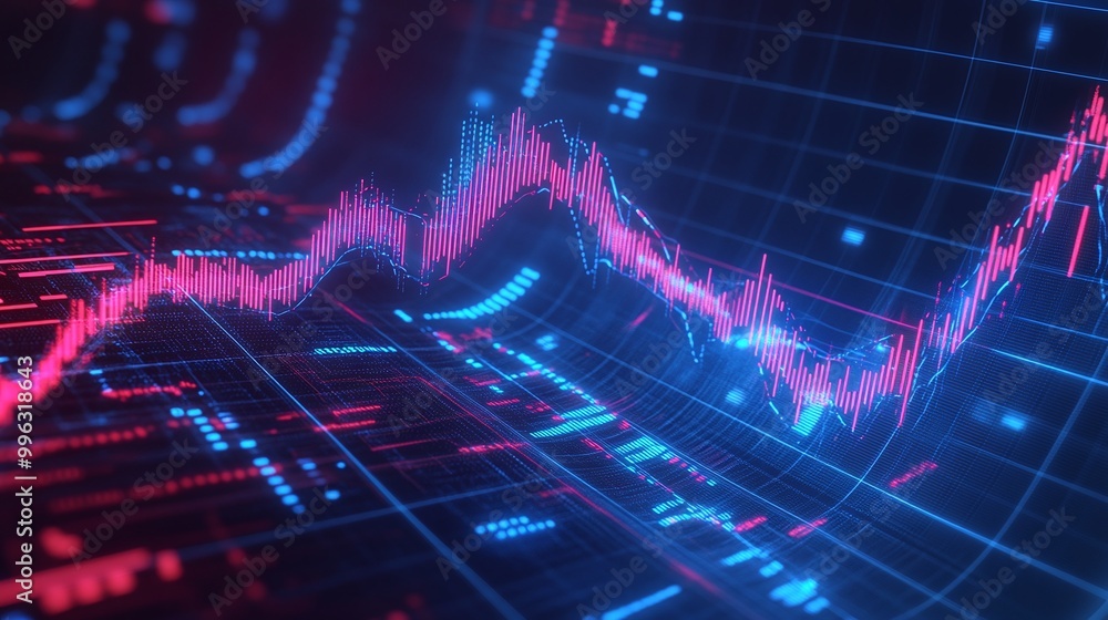 Poster abstract data visualization with glowing lines and graphs on a dark background, representing digital