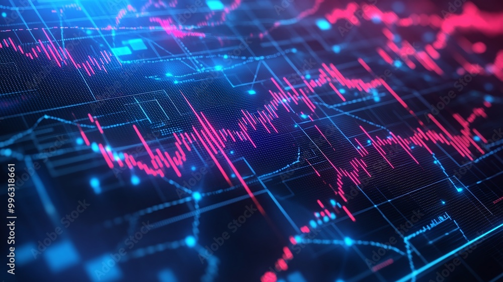 Aufkleber abstract data visualization with glowing lines and grids in vibrant blue and pink colors.