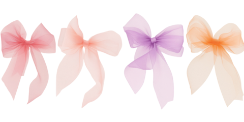 Set of textile chiffon bows pastel color isolated and cut on transparent background. Holiday gift bow, for decoration, birthday, Christmas, gift promotion