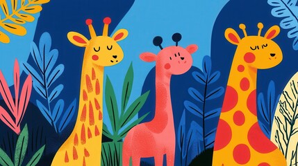 Childlike doodles of animals and trees, vibrant colors, flat design illustration
