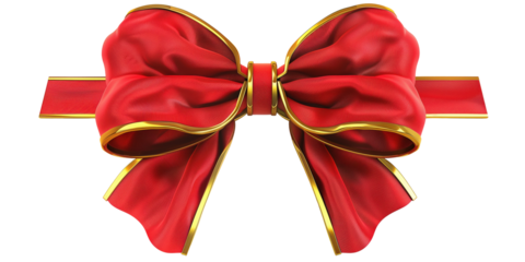 Colorful realistic textile red textile bow and ribbon, with gold trim isolated and cut out on transparent background. Holiday gift bow, for decoration, birthday, Christmas, gift promotion