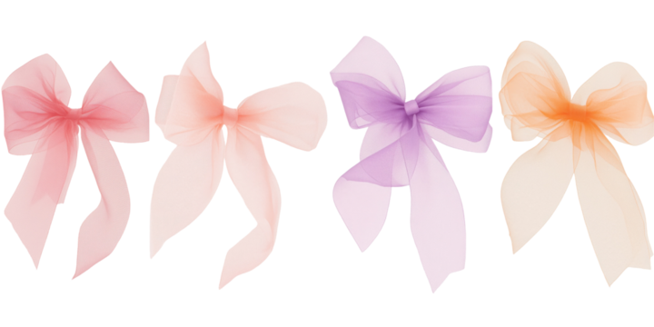 Set of textile chiffon bows pastel color isolated and cut on transparent background. Holiday gift bow, for decoration, birthday, Christmas, gift promotion