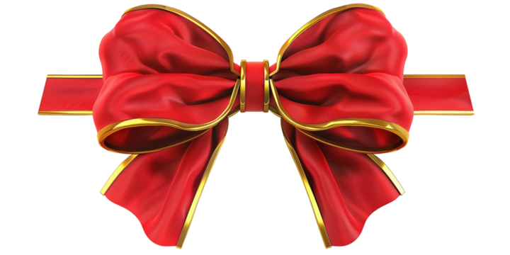 Colorful realistic textile red textile bow and ribbon, with gold trim isolated and cut out on transparent background. Holiday gift bow, for decoration, birthday, Christmas, gift promotion - Powered by Adobe