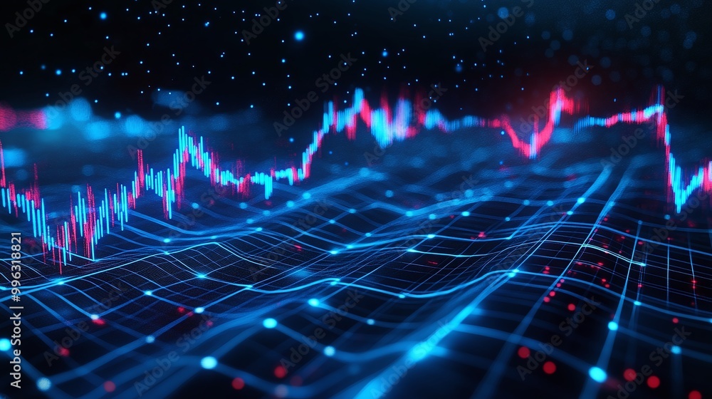 Aufkleber abstract data visualization with glowing lines, graphs, and lights representing financial trends in 