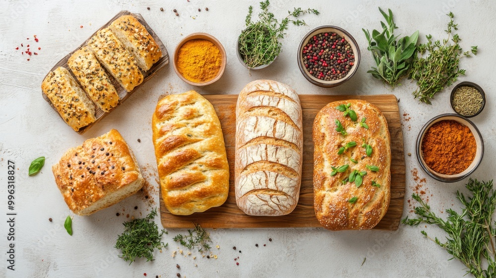 Fototapete a creative flat lay of different types of bread loaves arranged with herbs and spices, emphasizing t