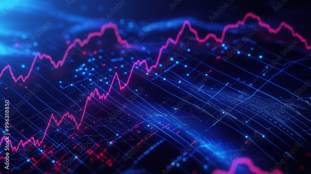 Poster abstract data visualization with glowing neon lines and dots on a dark background, representing mode