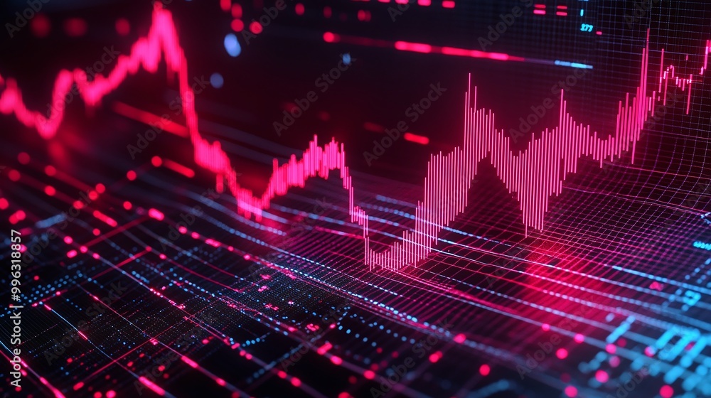 Poster abstract data visualization with glowing red and blue lines on dark background, representing financi