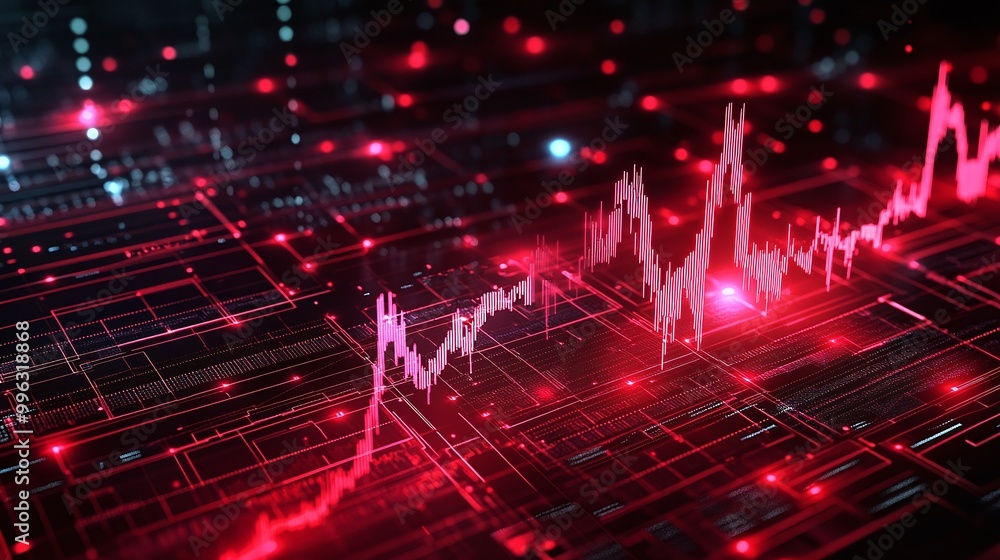 Poster abstract data visualization with glowing red and pink lines representing digital analytics and trend