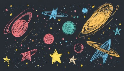 Scribbled crayon stars and comets, colorful space theme, flat design illustration