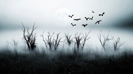 Obraz premium An eerie and horror-themed abstract landscape featuring black trees under a foggy sky, with birds flying across a full moon. The scene evokes a chilling and mysterious atmosphere, with crows soaring o