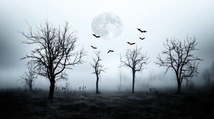 An eerie and horror-themed abstract landscape featuring black trees under a foggy sky, with birds flying across a full moon. The scene evokes a chilling and mysterious atmosphere, with crows soaring o