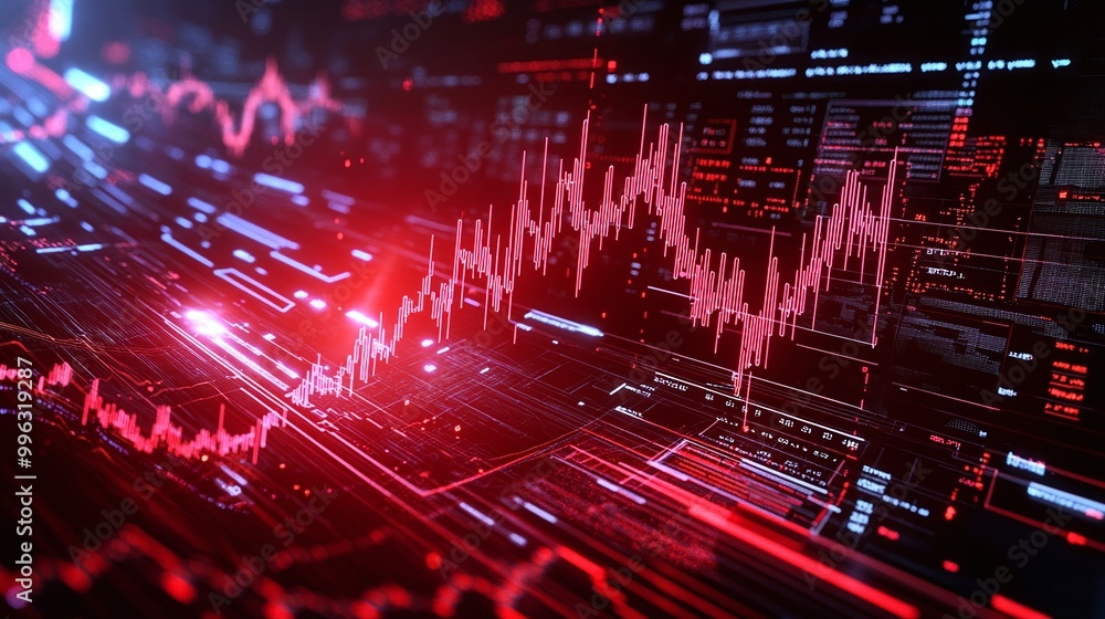 Poster abstract data visualization with glowing red lines, representing financial trends and digital analys