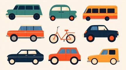 Naklejka premium Fun transportation icons, cars and bikes, flat design illustration