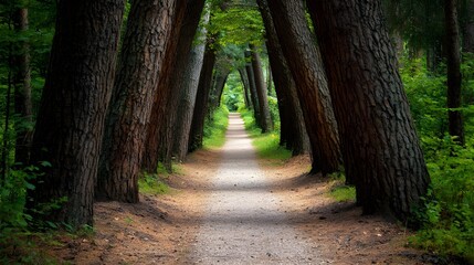 Obraz premium A serene forest pathway lined with tall trees, inviting exploration through lush greenery and a tranquil atmosphere.