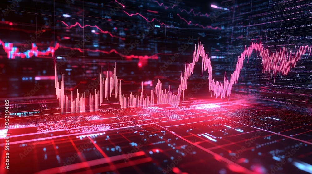 Poster abstract data visualization with graphs in red tones on a digital background.