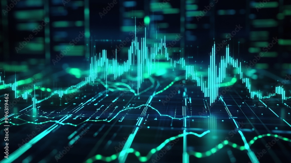 Poster abstract data visualization with green glowing lines on dark background, representing digital financ