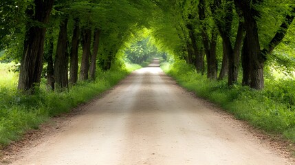Fototapeta premium A serene dirt road lined with lush green trees, creating a peaceful and inviting atmosphere in nature.
