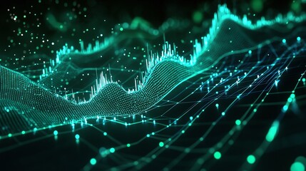 Abstract data visualization with green glowing lines and dots against a dark background, representing digital analytics.