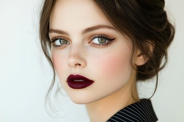 Close-up portrait of a young woman with dark brown hair, green eyes, and bold red lipstick.