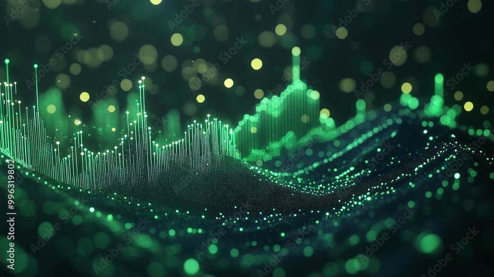 Poster abstract data visualization with green lights and waves, creating a mesmerizing digital landscape.