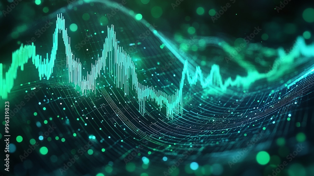 Poster abstract data visualization with green wave lines and digital particles on a dark background.