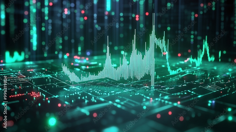 Poster abstract data visualization with green waveform on digital grid.