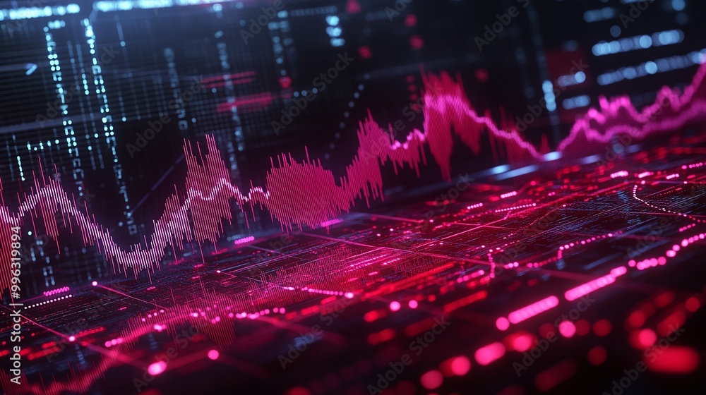 Poster abstract data visualization with pink graph lines on a dark background, representing financial analy