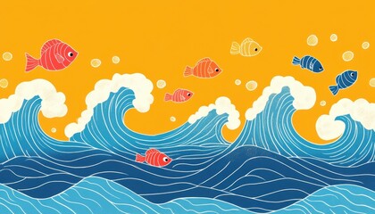 Simple crayon doodles of ocean waves and fish, beach theme, flat design illustration