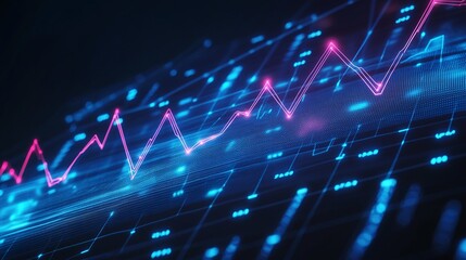 Abstract data visualization with pink and blue lines representing financial trends on a dark background.