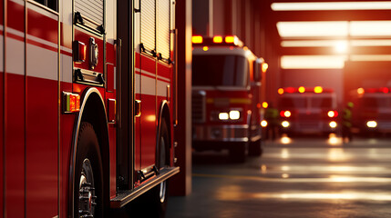 Fire trucks parked inside a fire station, illuminated by warm light. The scene emphasizes safety and emergency services in action, showcasing readiness for immediate response.